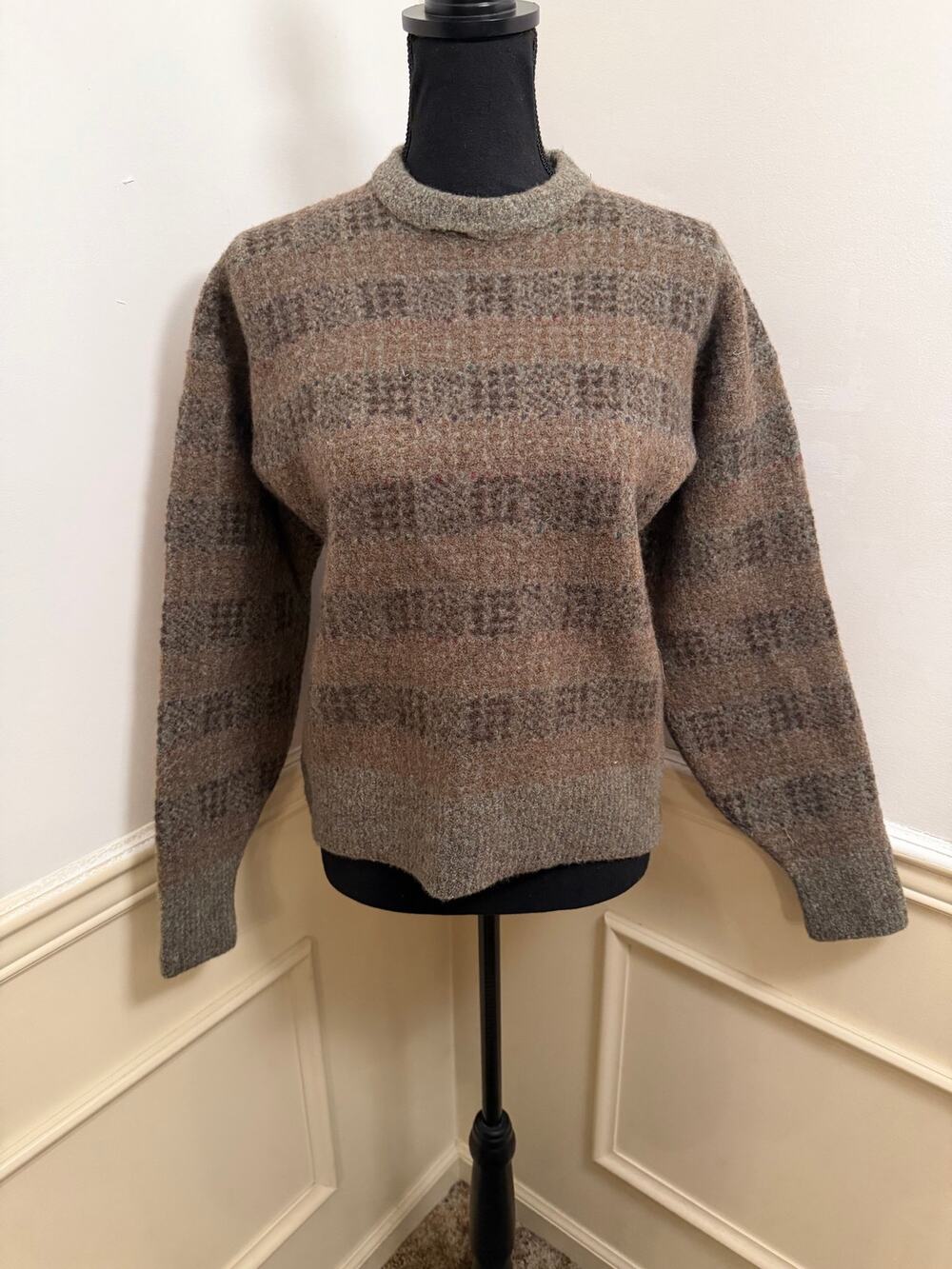 Vintage Ruff Hewn Wool Blend Plaid Striped Sweater Crewneck Earthy Grandpacore